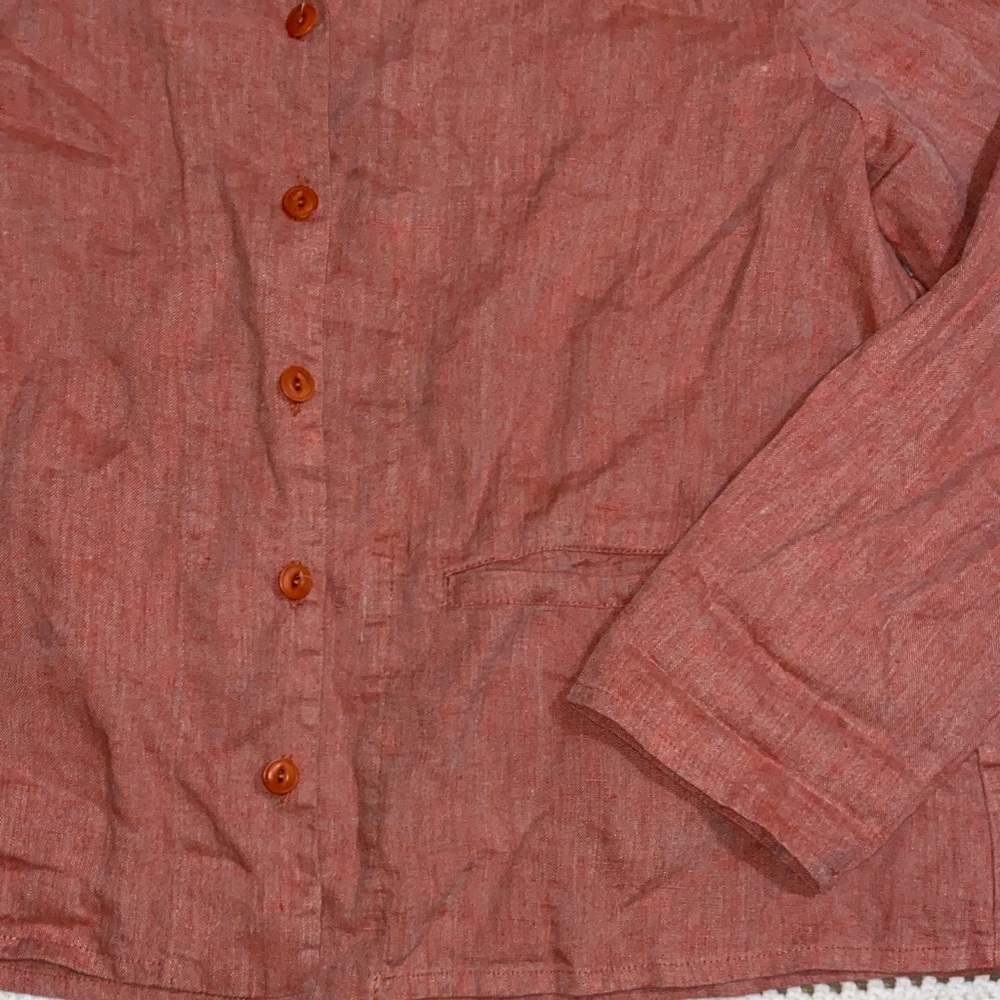FLAX 100% Linen Orange Red Button Down Crewneck Long Sleeve Blouse Size M - Picture 4 of 9